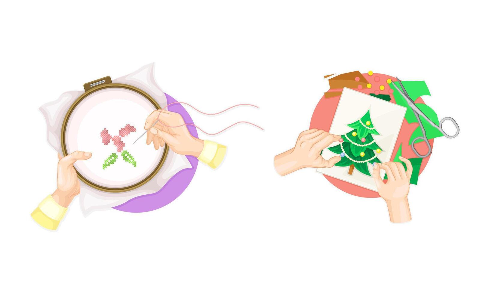 Craft hobbies set. View from above of human hands creating crafts. Embroidery and applique cartoon illustration vector