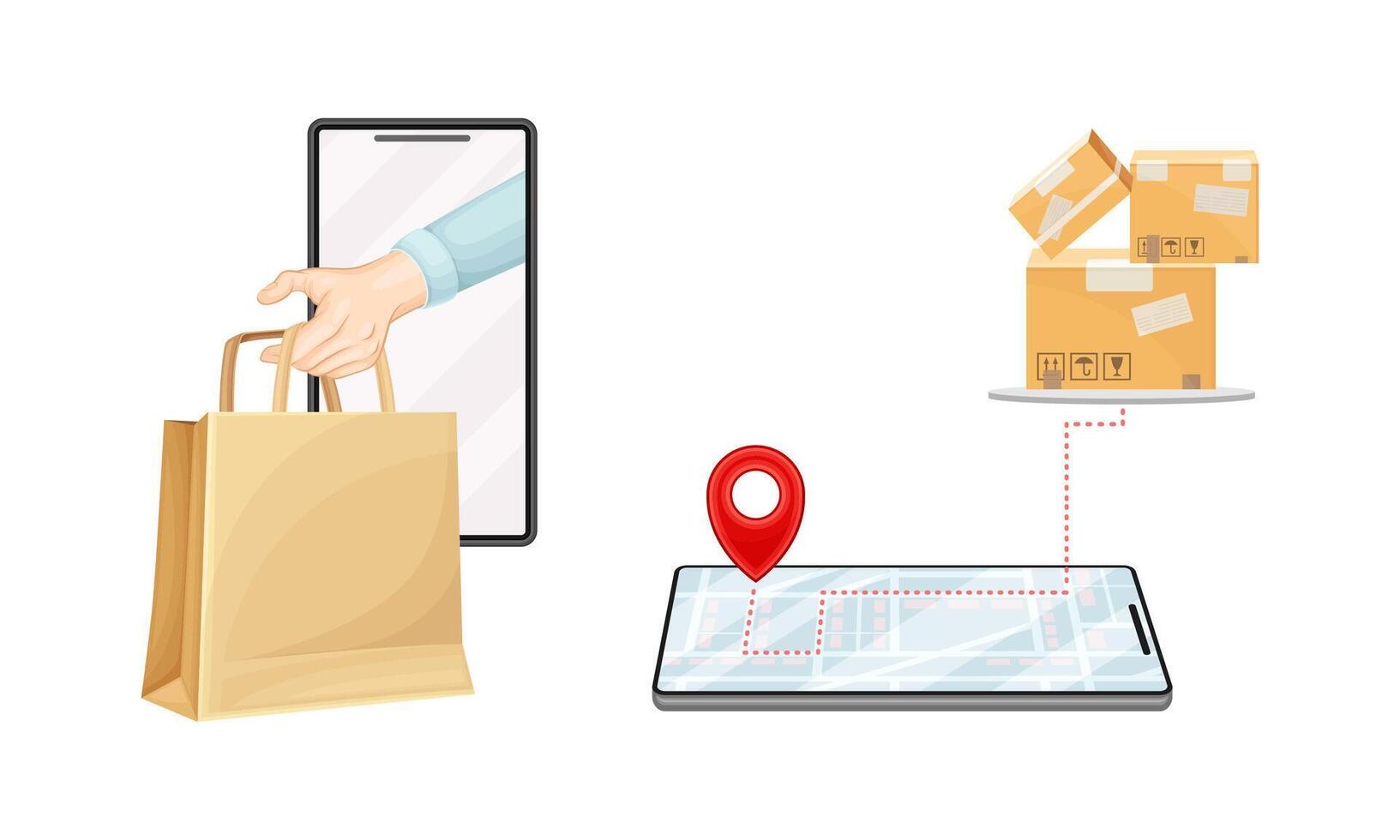 Online shopping and home delivery. Mobile shopping from smartphone app. E-commerce, digital marketing cartoon illustration vector