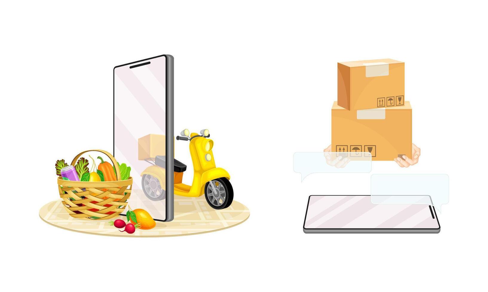 Online shopping and grocery delivery service. E-commerce, digital marketing cartoon illustration vector