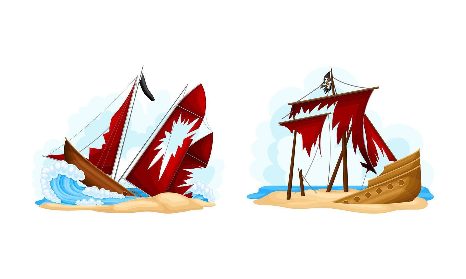 Shipwreck of pirate ships with red sails set. Vintage wooden vessels sinking in sea, ocean cartoon illustration vector