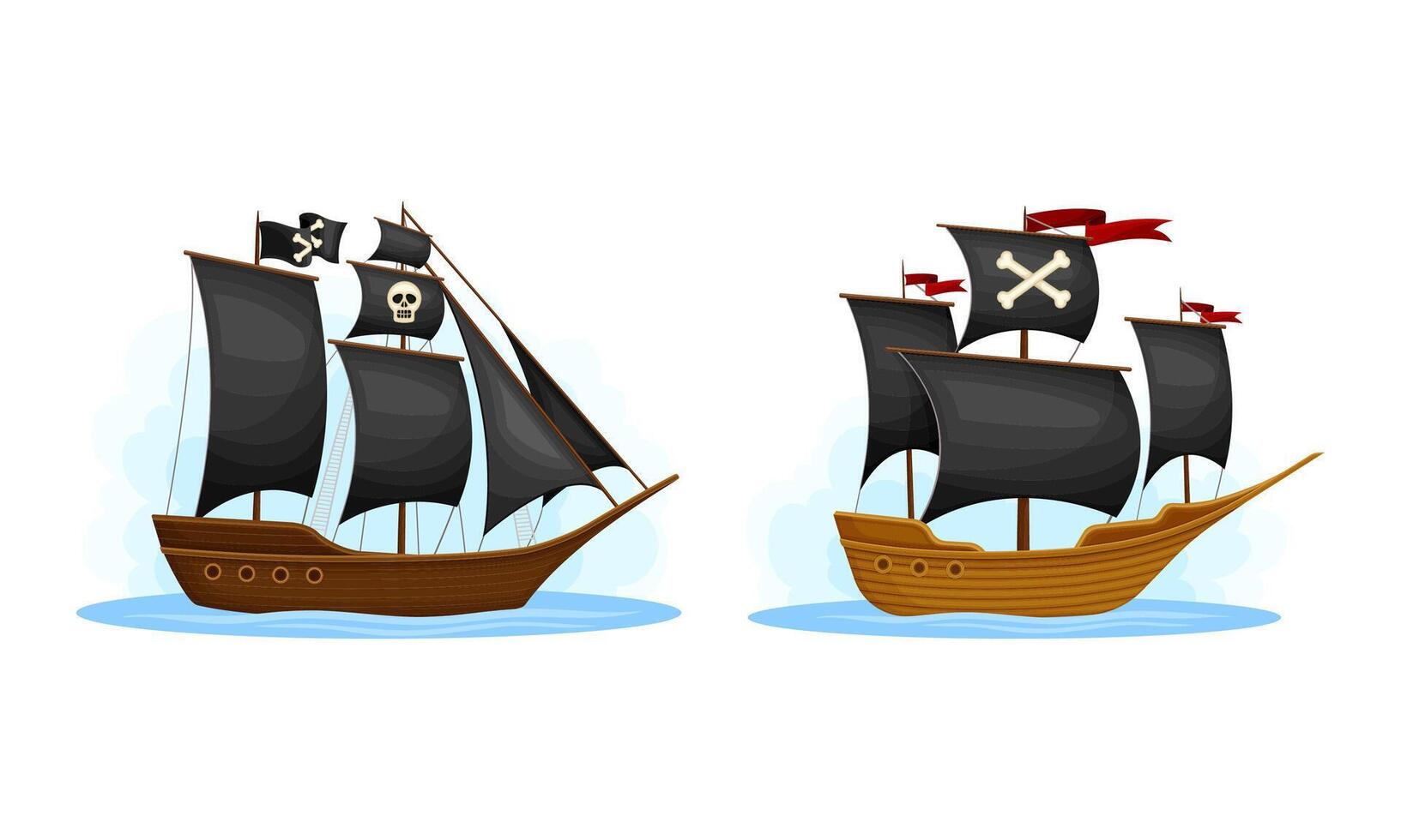 Pirate ships set. Vintage vessels with black sails cartoon illustration vector
