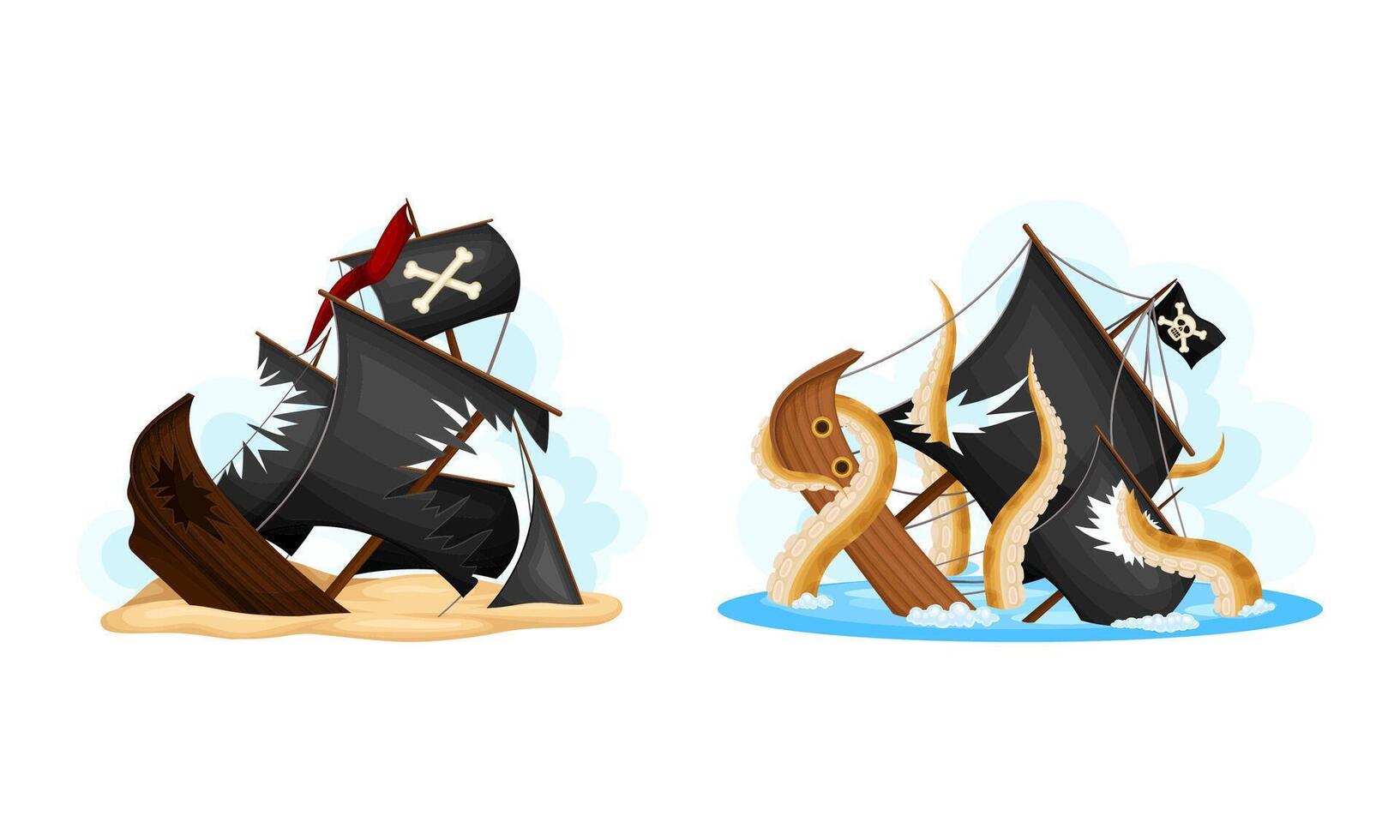 Shipwreck of pirate ships set. Vessels with black sails sinking in the ocean cartoon illustration vector