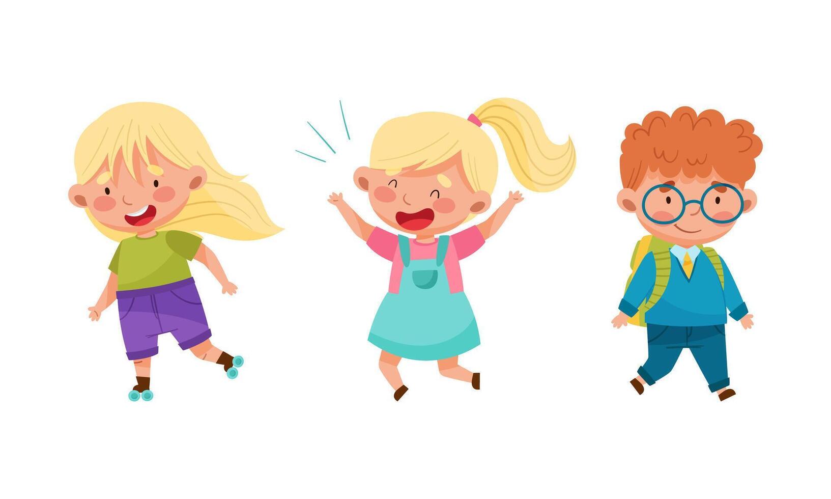 Happy kids having fun outdoors set. Boy and girl rollerblading and walking cartoon illustration vector