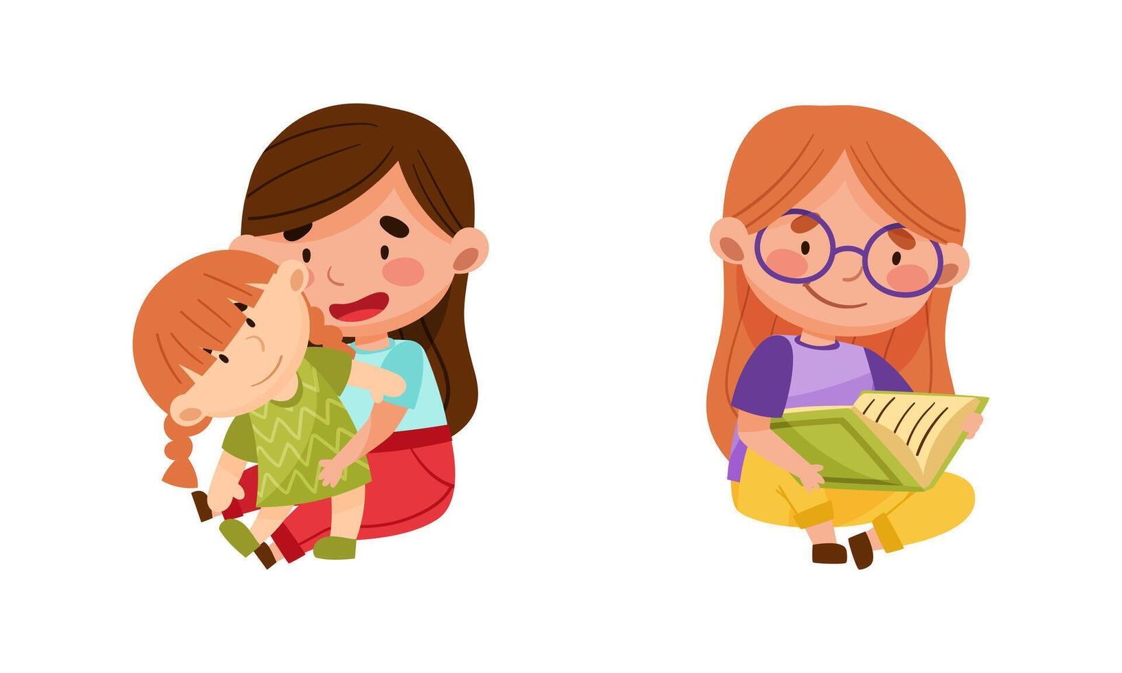 Cute little girls playing with doll and reading book cartoon illustration vector