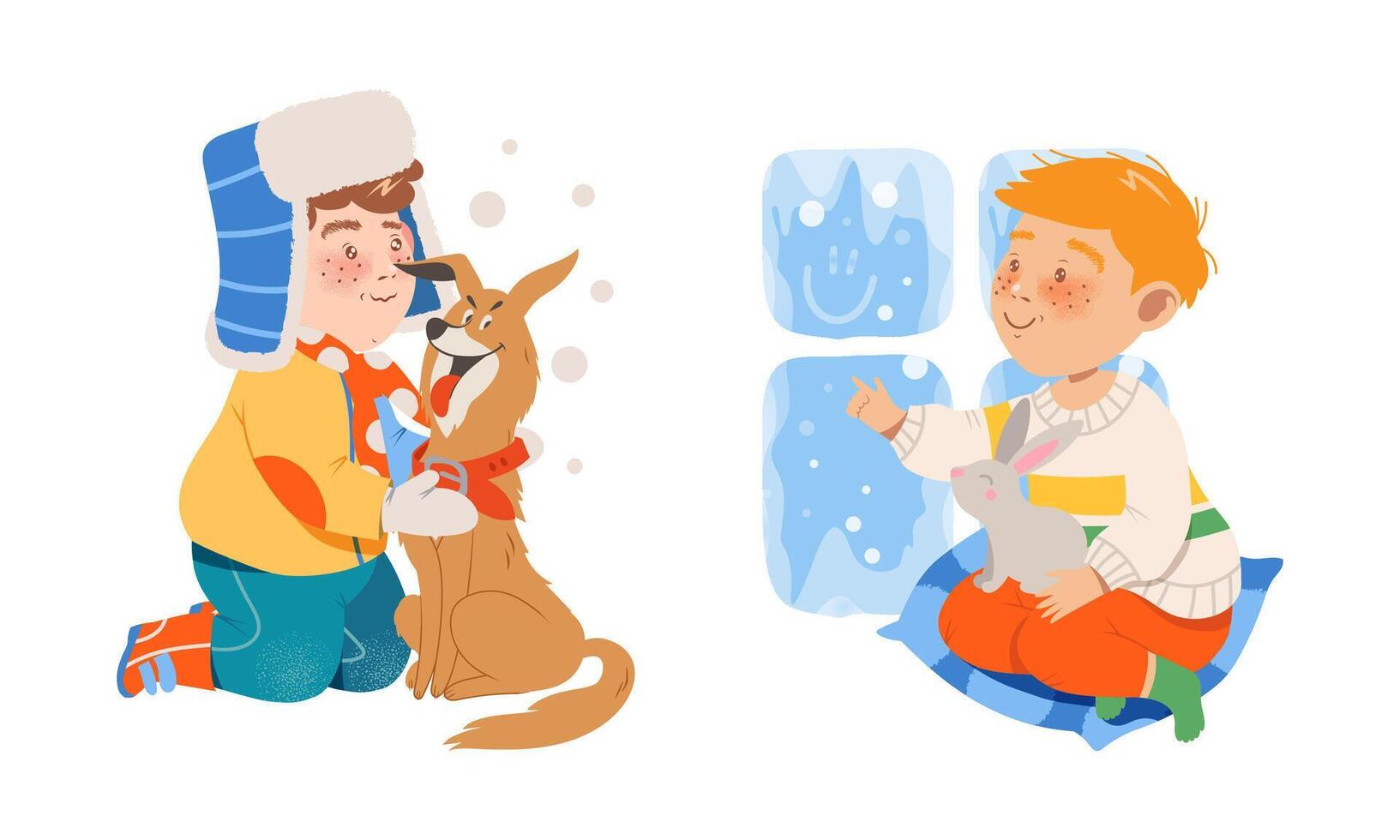 Kids winter activities set. Boys walking with dog outdoors and looking through frozen window cartoon illustration vector