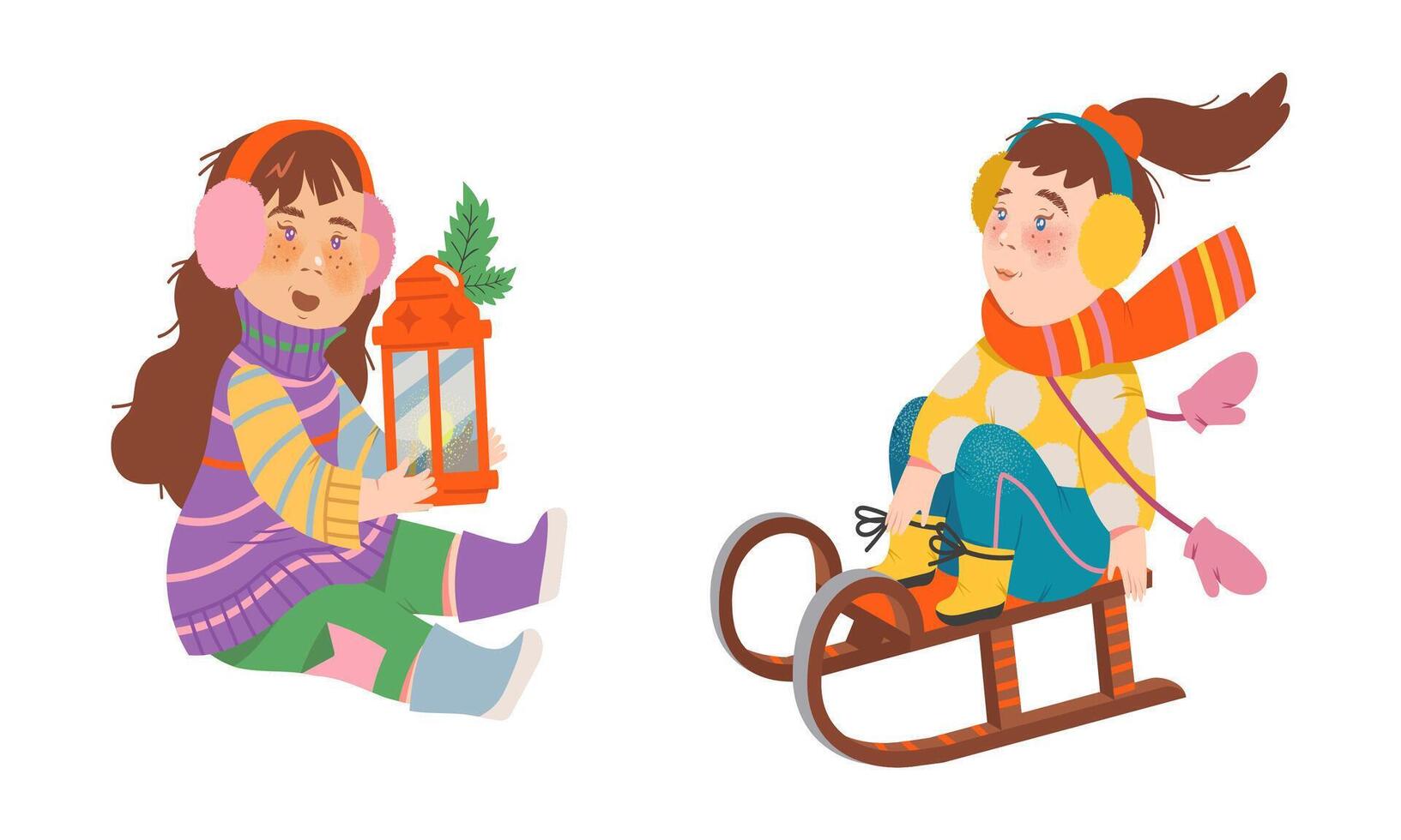 Kids winter activities set. Girls in warm clothes walking outdoors and sledding cartoon illustration vector