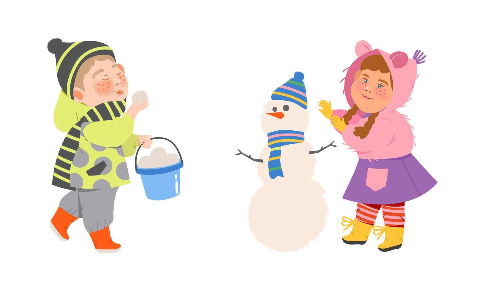 Kids winter activities set. Happy boy and girl in warm clothes making snowman and and playing snowballs cartoon illustration vector