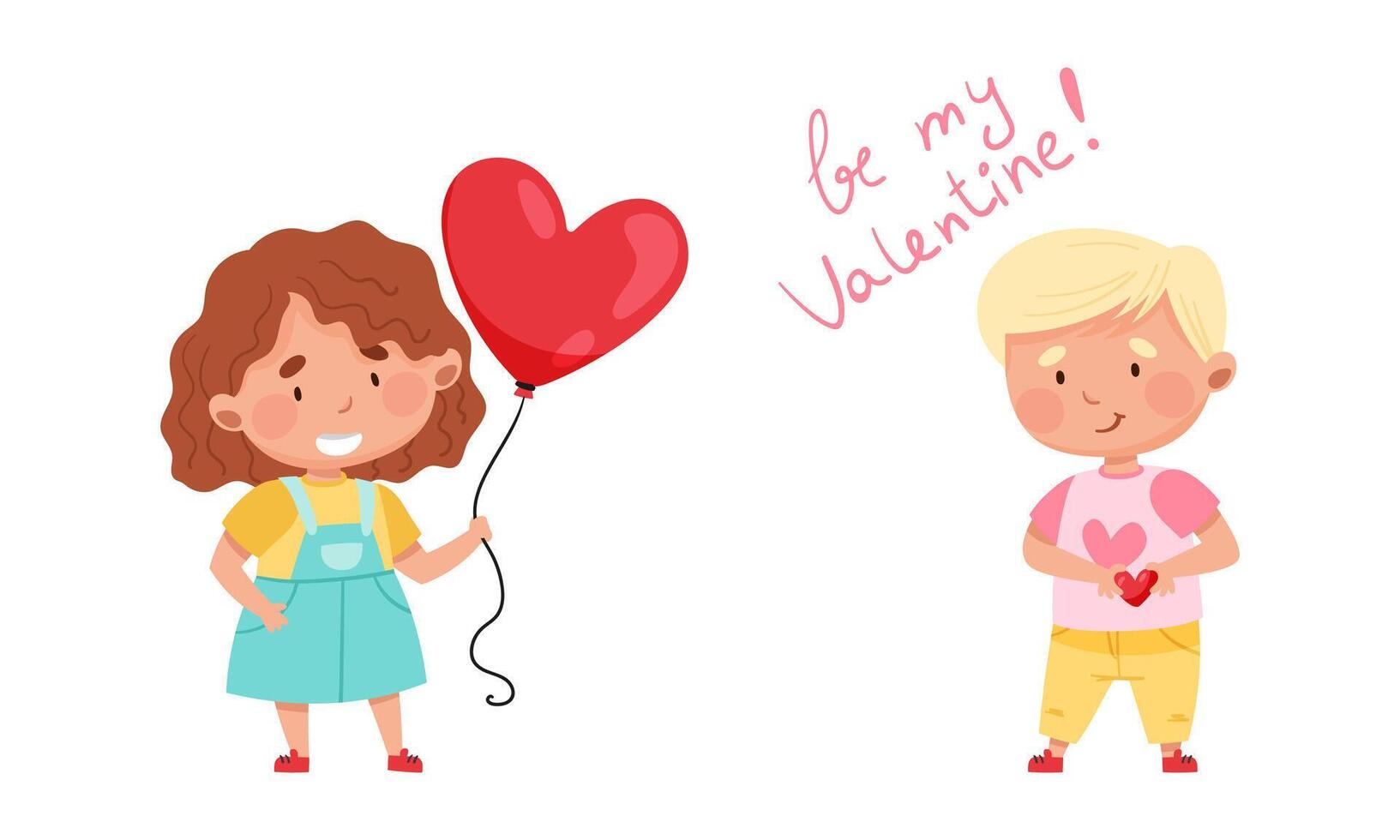 Be my Valentine. Adorable cute boy and girl with red hearts cartoon illustration vector