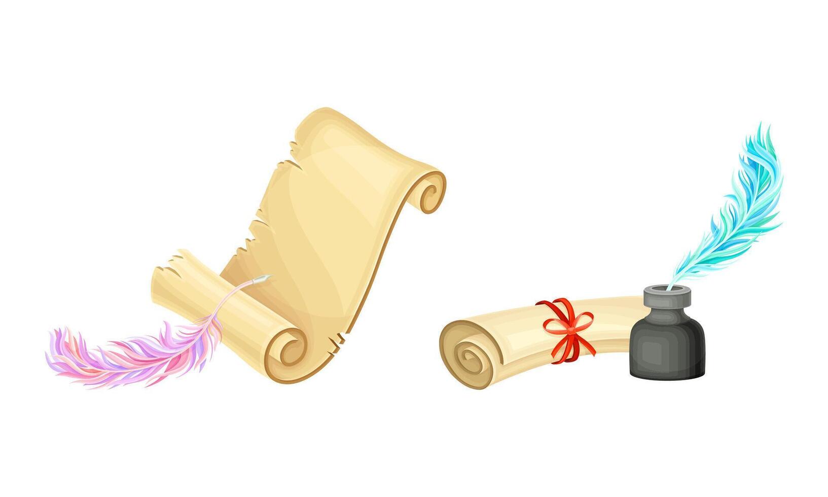 Old parchment scroll, quill pen and inkwell set illustration vector