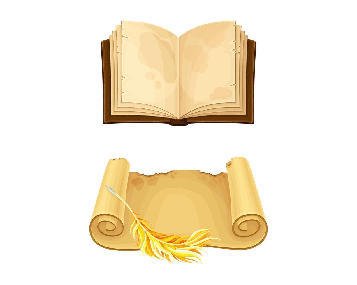 Old parchment paper scroll and opened book set illustration vector