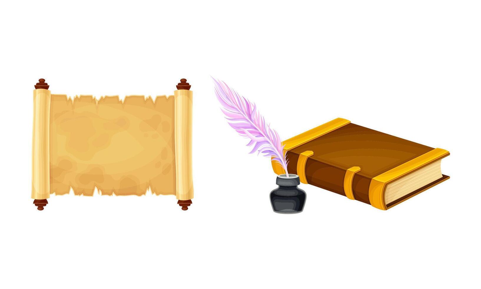 Old parchment paper scroll, opened book, quill pen and inkwell set illustration vector