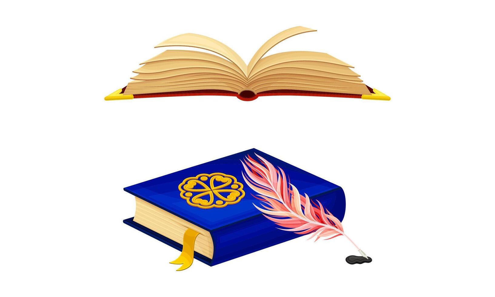 Opened and closed old books and quill pen set. Education, ancient literature and library illustration vector