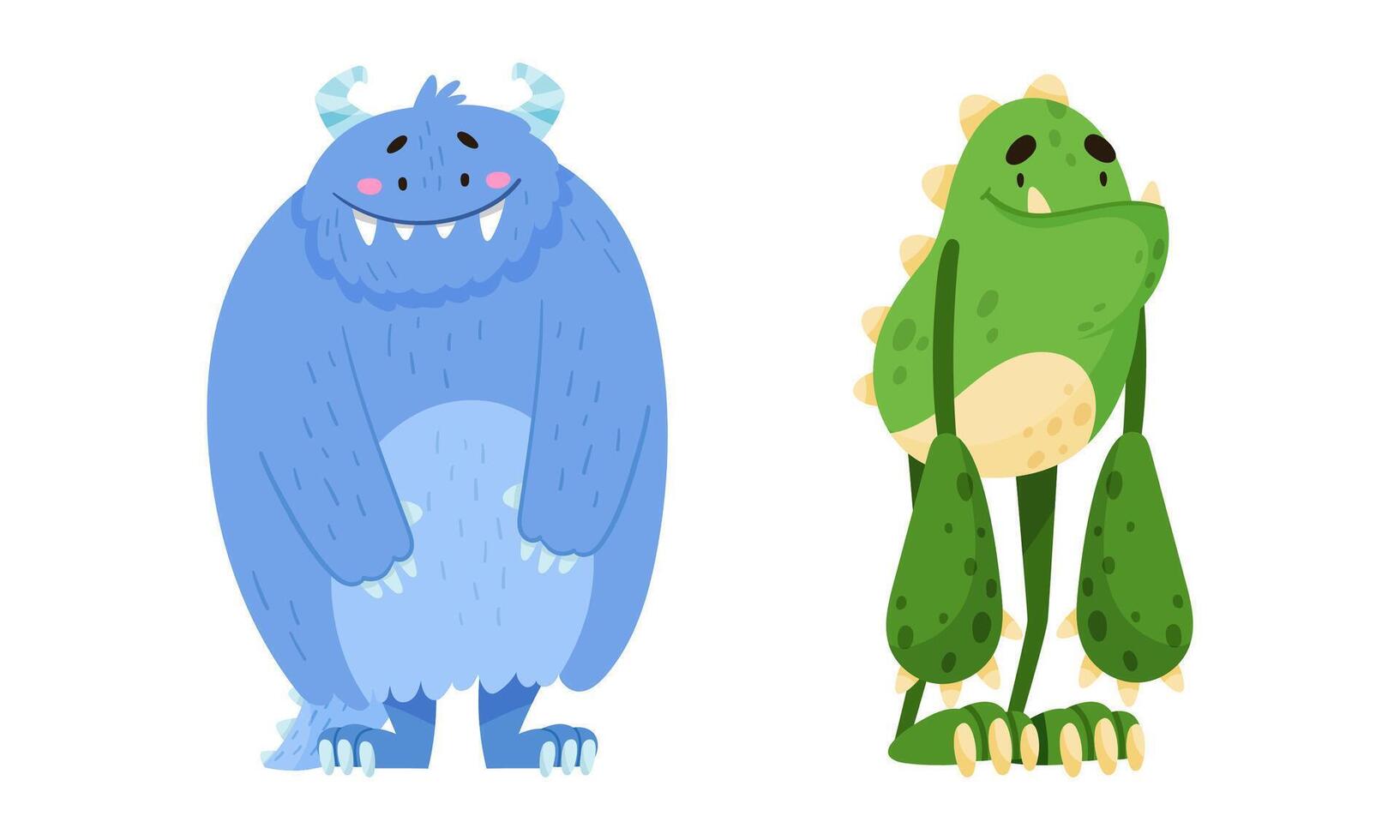 Happy funny monsters. Cute toothy monster and alien cartoon characters illustration vector