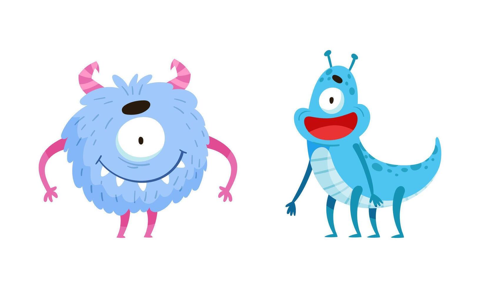 Happy funny one eyed monsters. Cute toothy monster and alien cartoon characters illustration vector