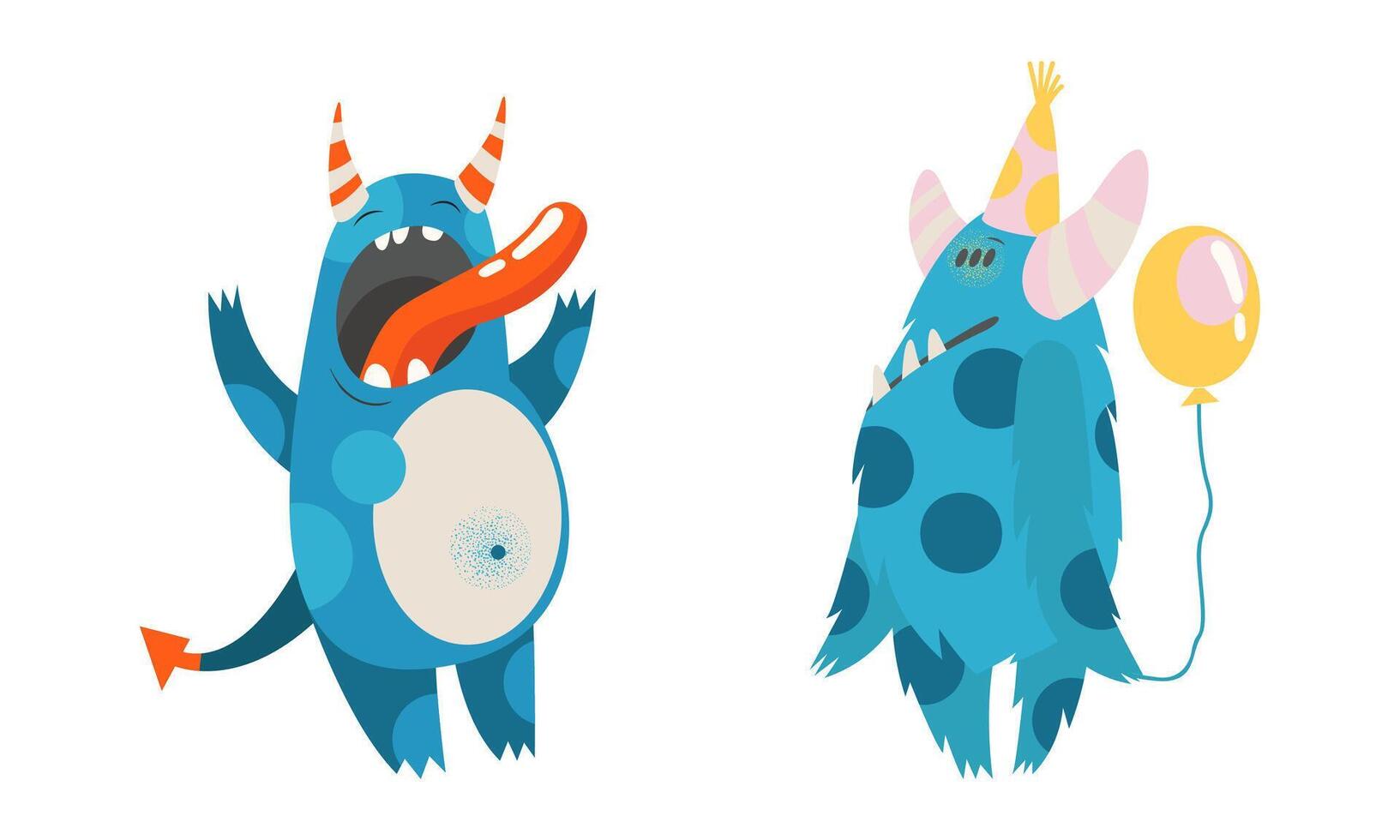 Cute monsters in different actions set. Funny toothy monster characters cartoon illustration vector