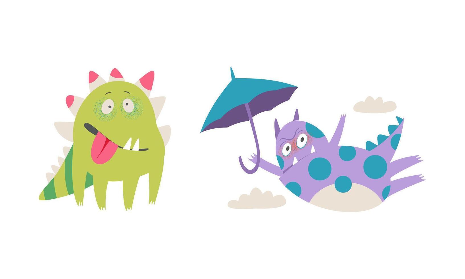 Cute monsters in different actions set. Funny toothy monster character flying with umbrella cartoon illustration vector