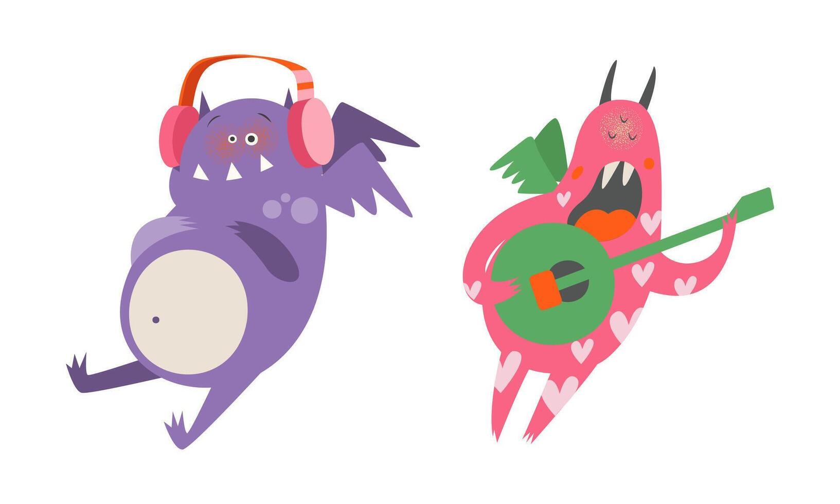Cute monsters in different actions set. Funny toothy monster characters listening music and singing cartoon illustration vector