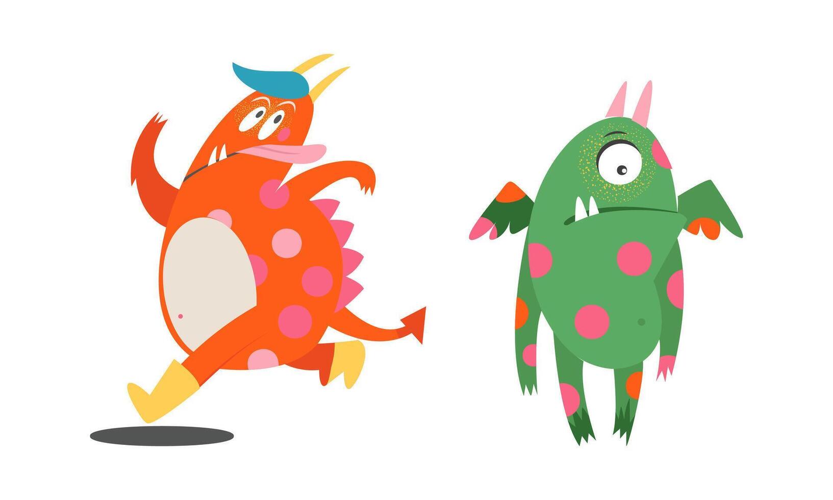 Cute monsters in different actions set. Funny colorful toothy monster characters cartoon illustration vector