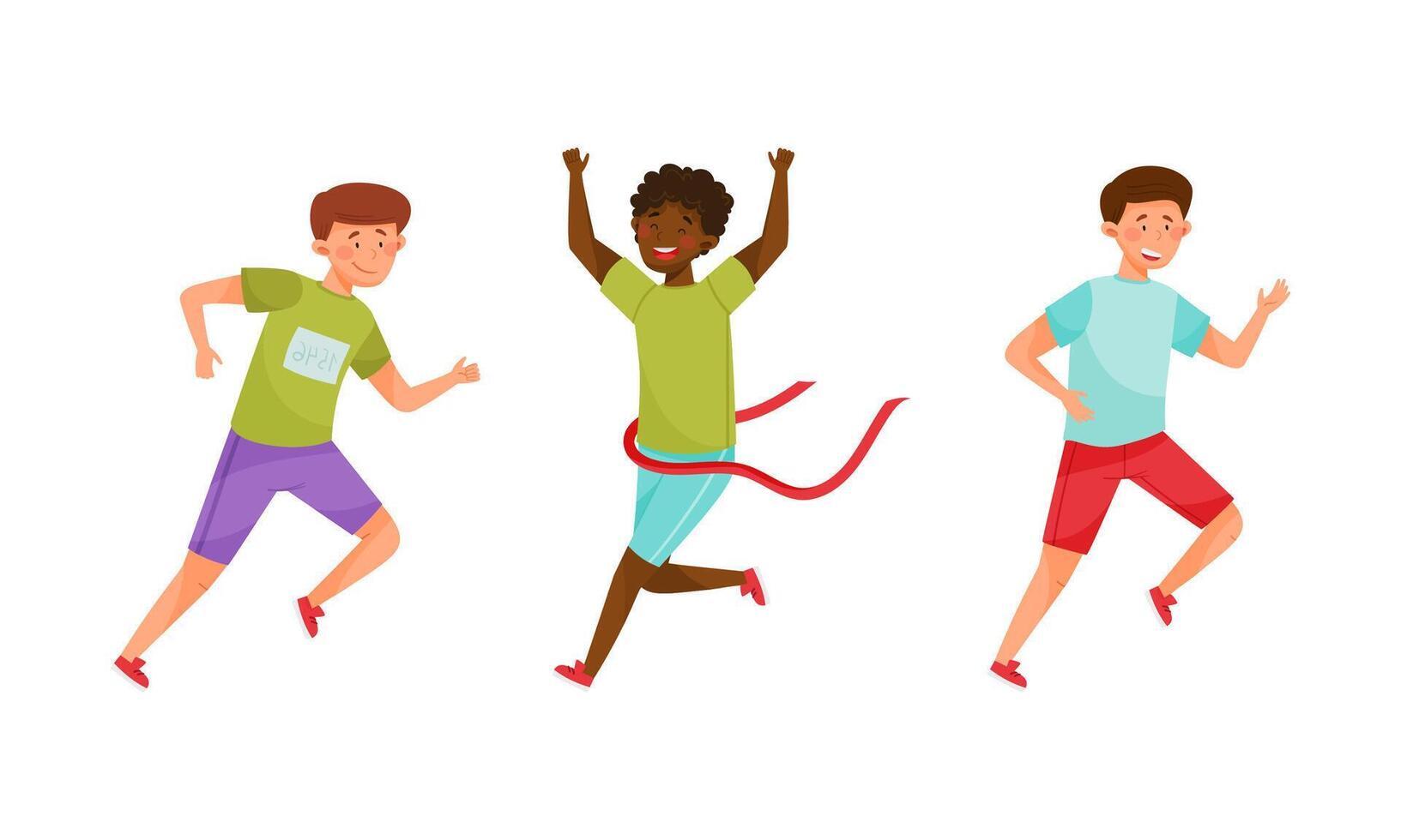 People taking part in sports competition set. Man and woman crossing finish line cartoon illustration vector