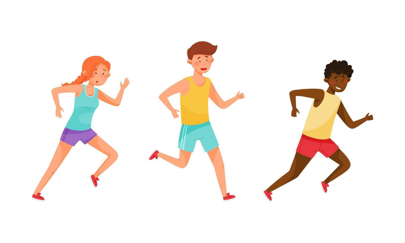 Running people set. Athletes taking part in sports competition cartoon illustration vector