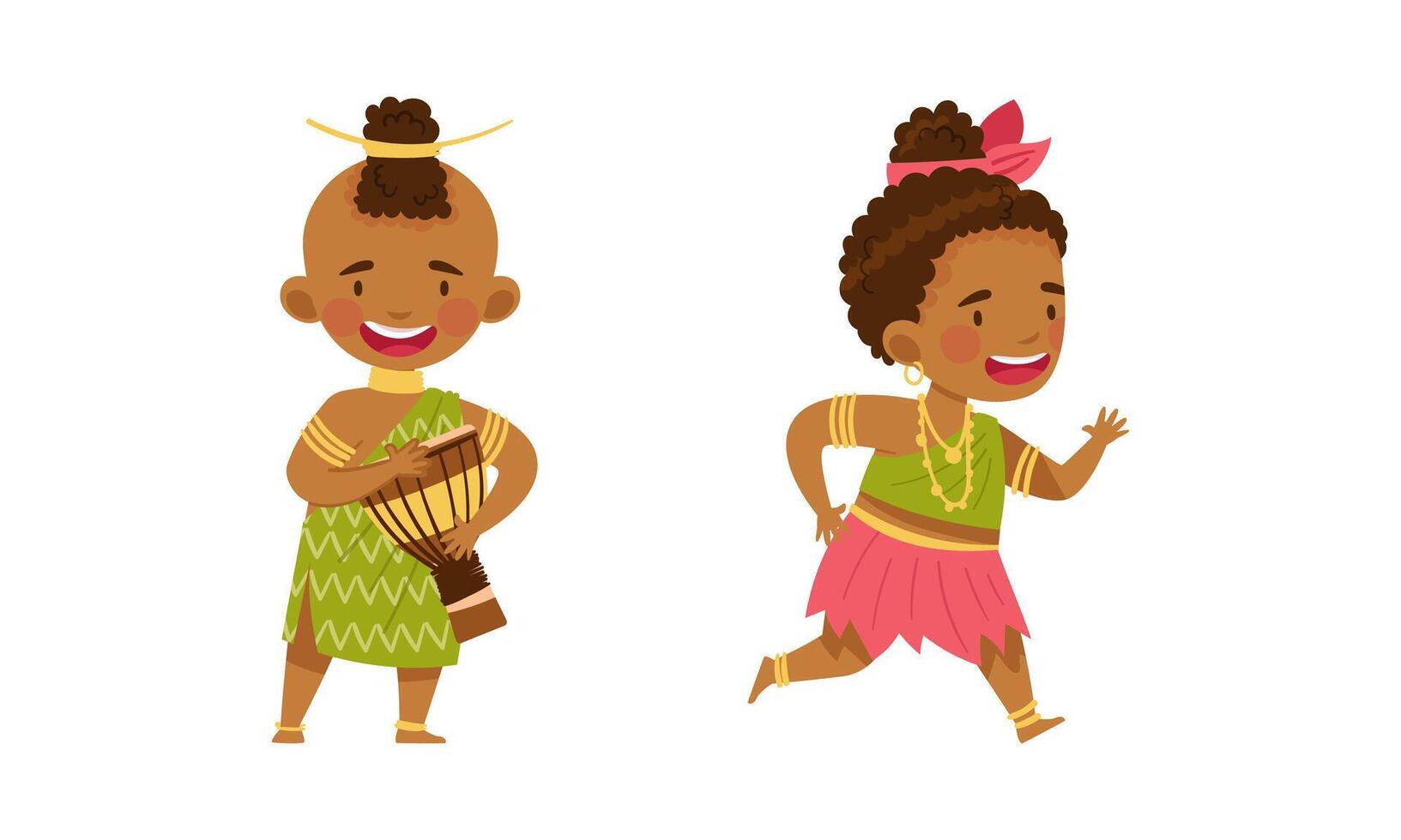 Native American boy and girl set. Native indians people in traditional clothes cartoon illustration vector