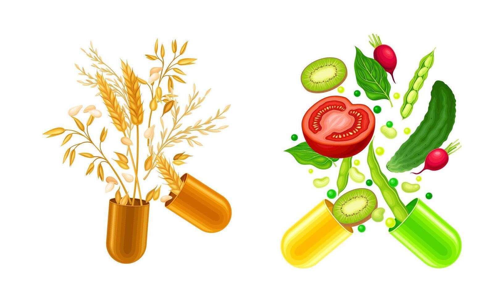 Vitamins and supplements. Open capsules with cereals and vegetables splash illustration vector