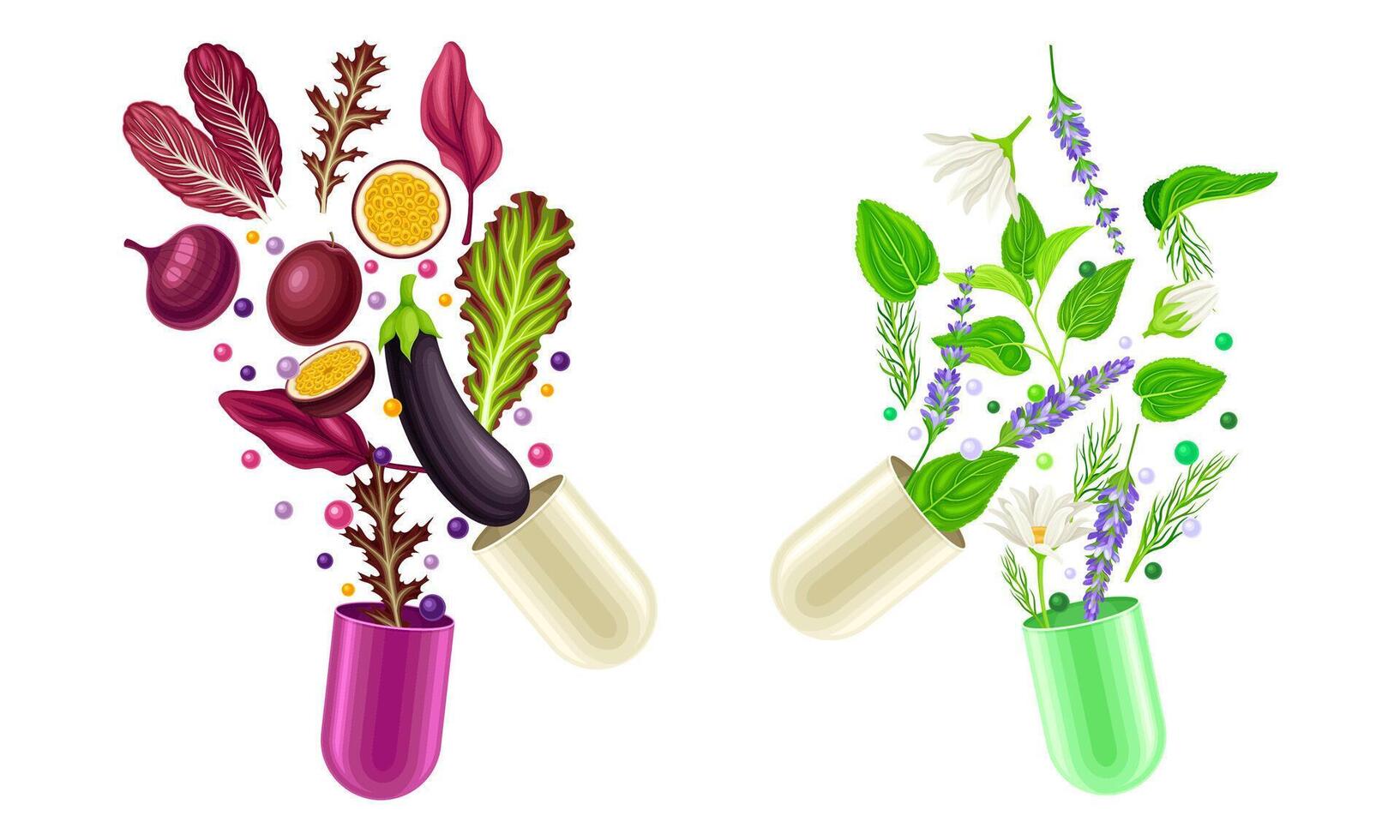 Vitamins and supplements. Open capsules with fruit, vegetables and herbs splash illustration vector