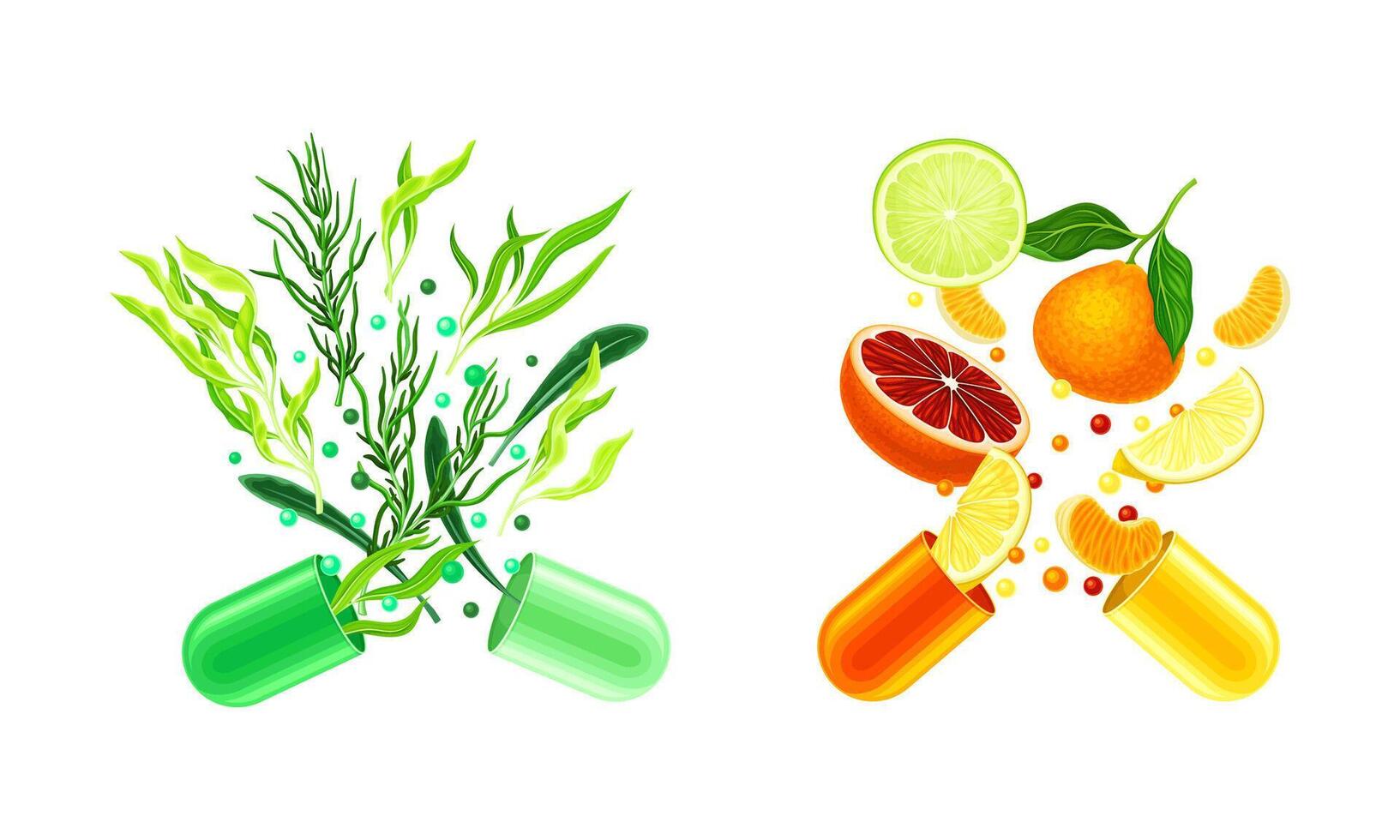 Vitamins and supplements. Open capsules with fruit and herbs splash illustration vector