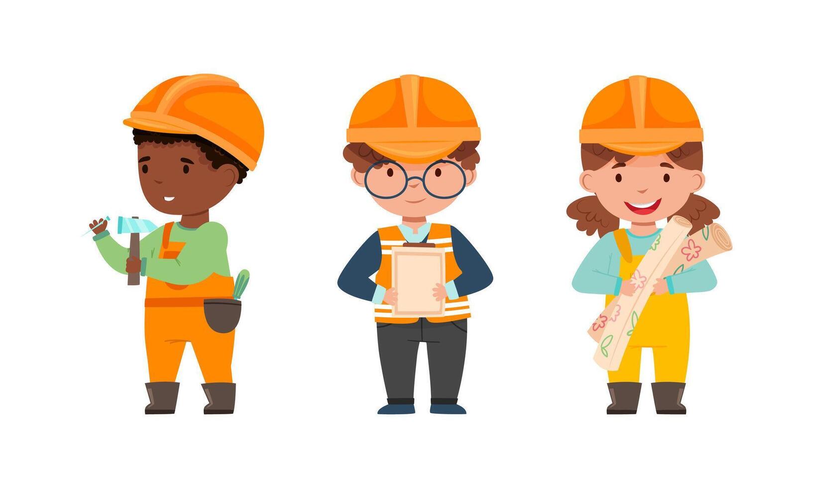 Kids builders set. Cute boy and girl wearing uniform and hardhats with professional tools cartoon illustration vector