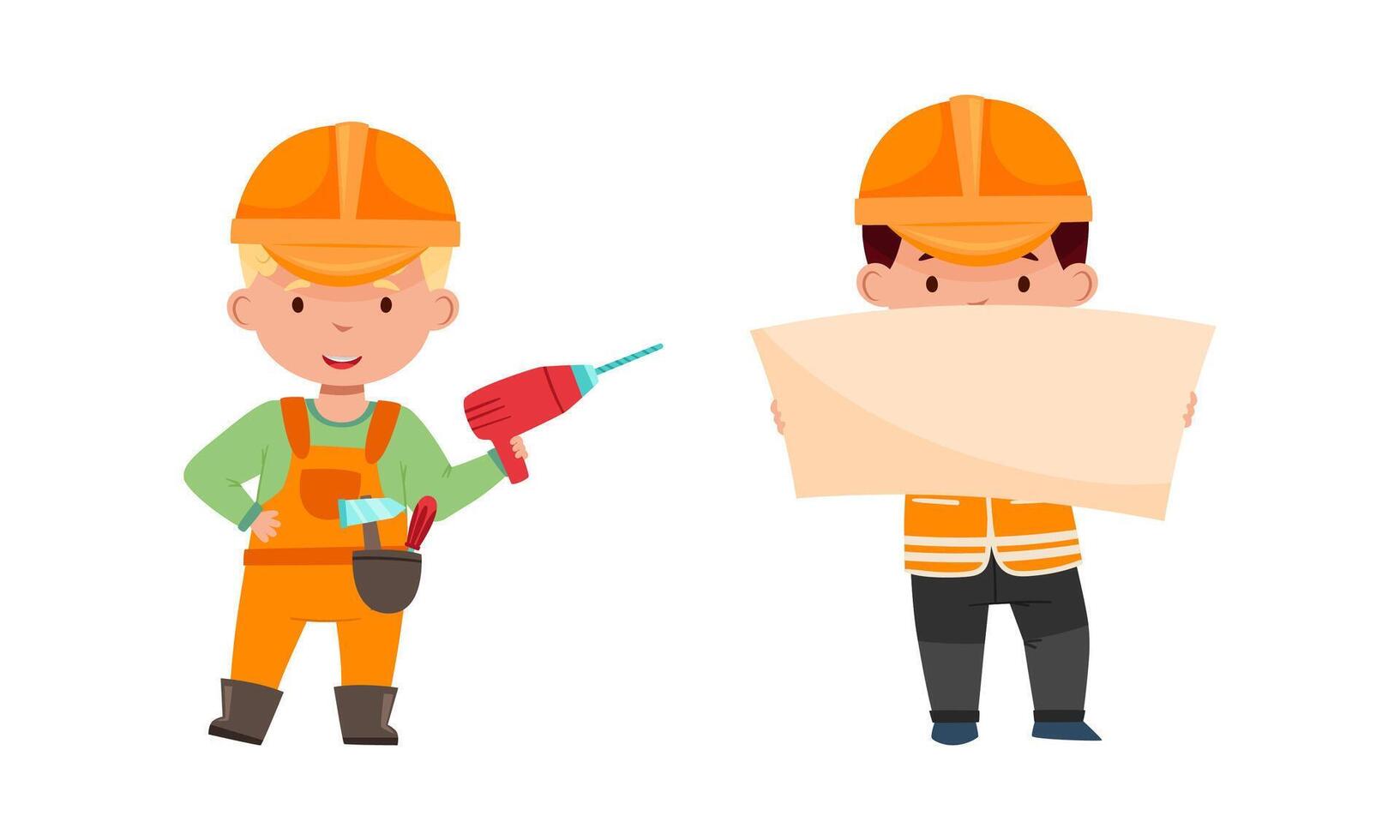 Kids builders set. Cute boys wearing uniform and hardhats with drill and blueprints cartoon illustration vector