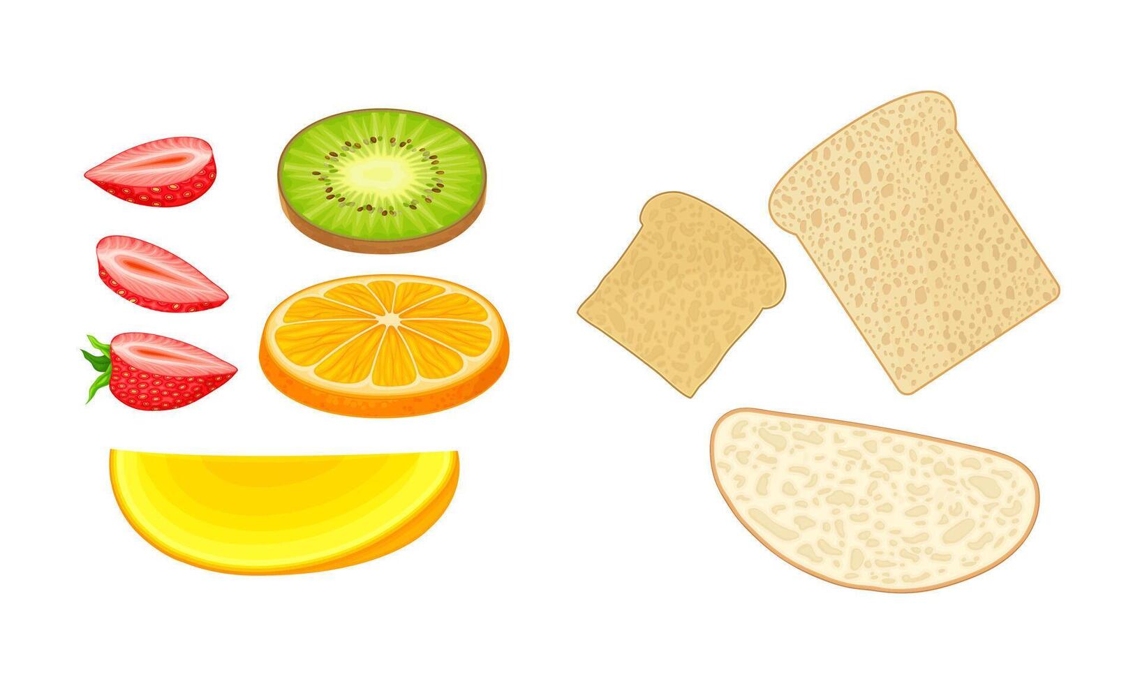 Food ingredients set. Exotic fruit, berries and bread slices illustration vector