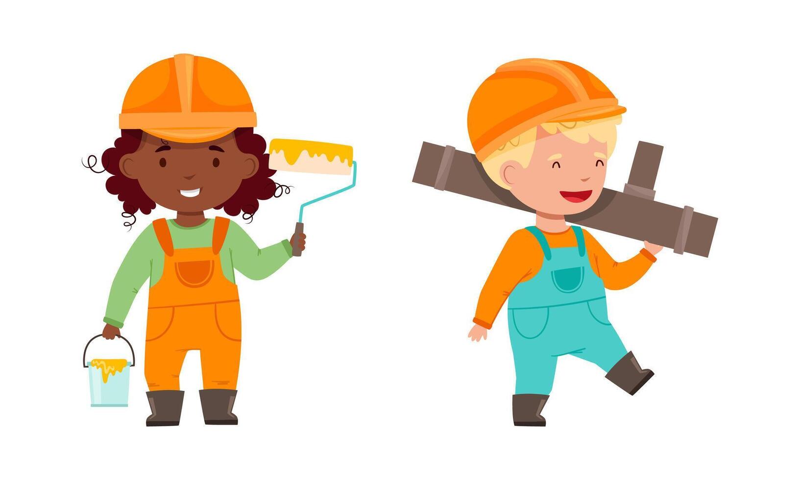 Kids builders wearing overalls and hardhats set. Cute boy and girl working as plumber and painter cartoon illustration vector