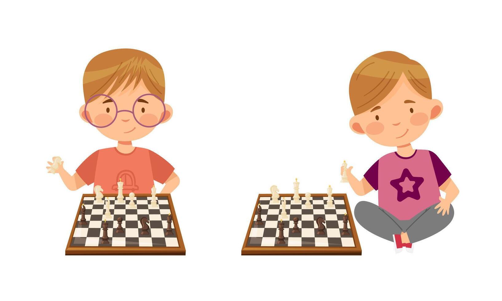 Cute boy and girl playing chess logic game for brain development cartoon illustration vector