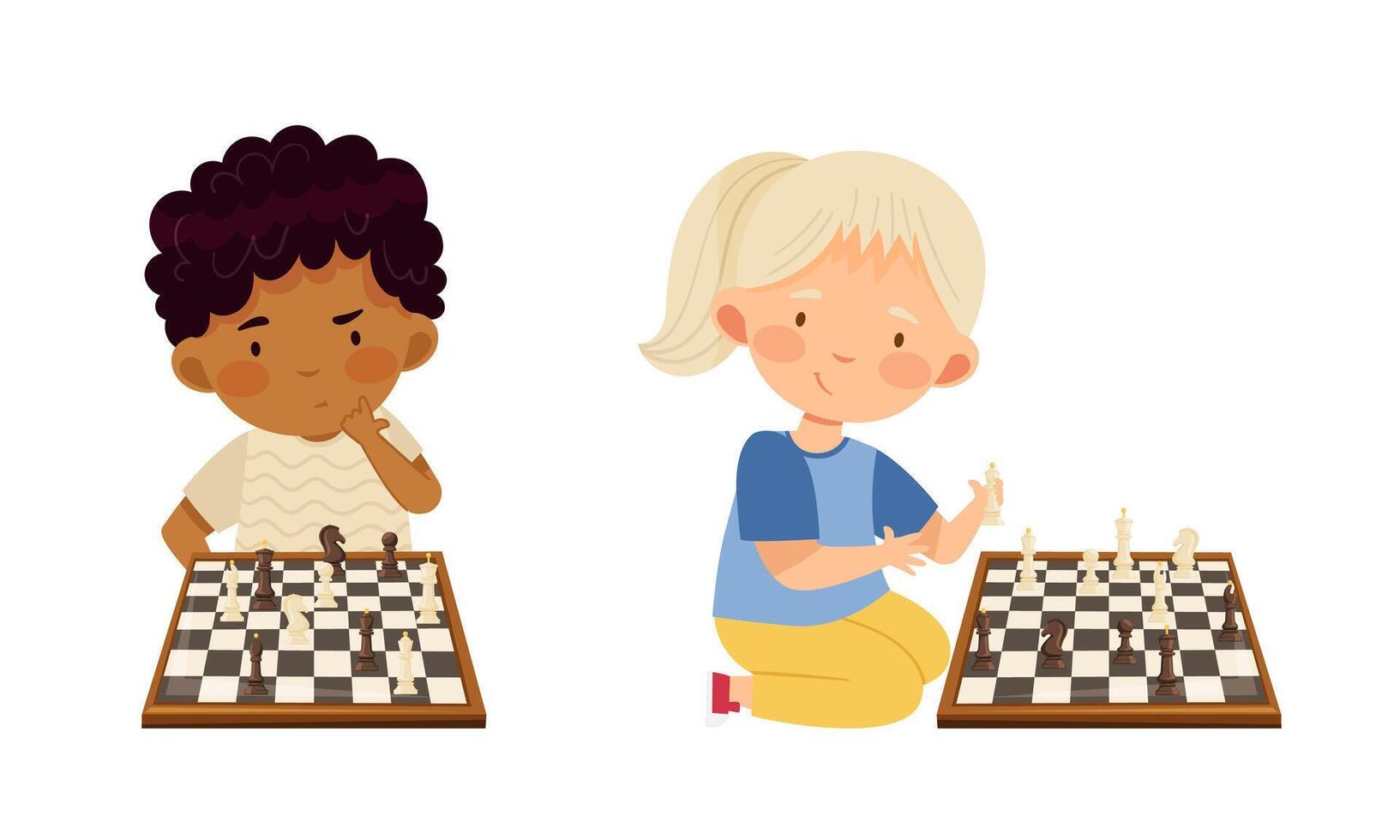 Little boy and girl sitting on floor playing chess game cartoon illustration vector