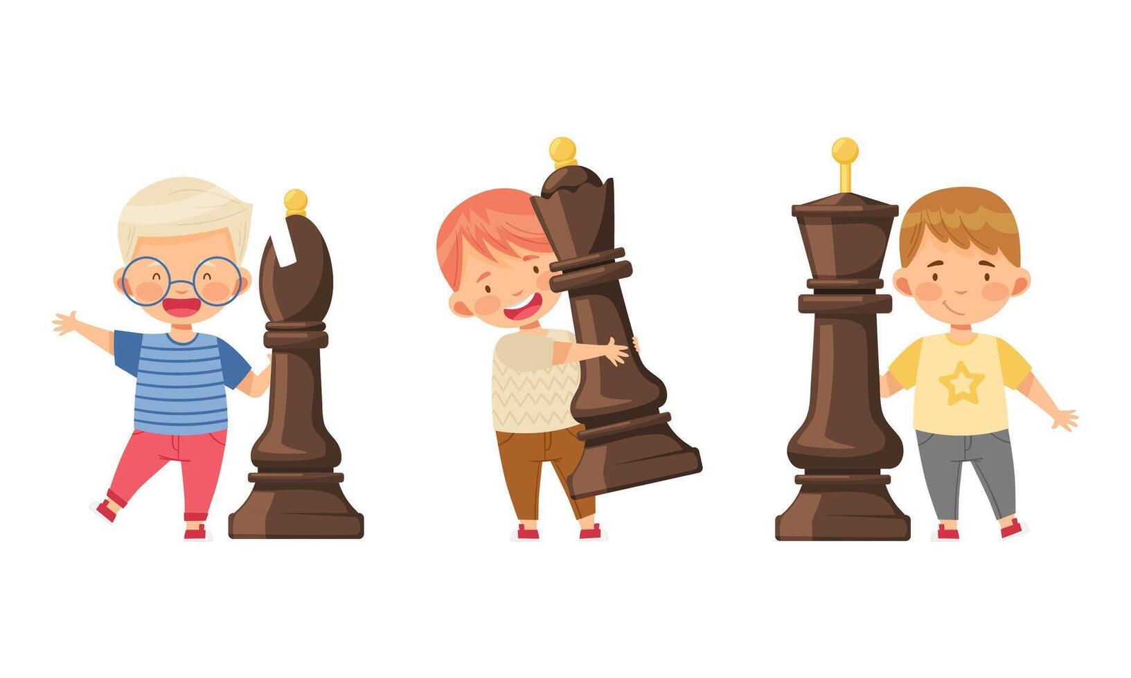 Little boys with big chess pieces. Kids playing chess logic game cartoon illustration vector