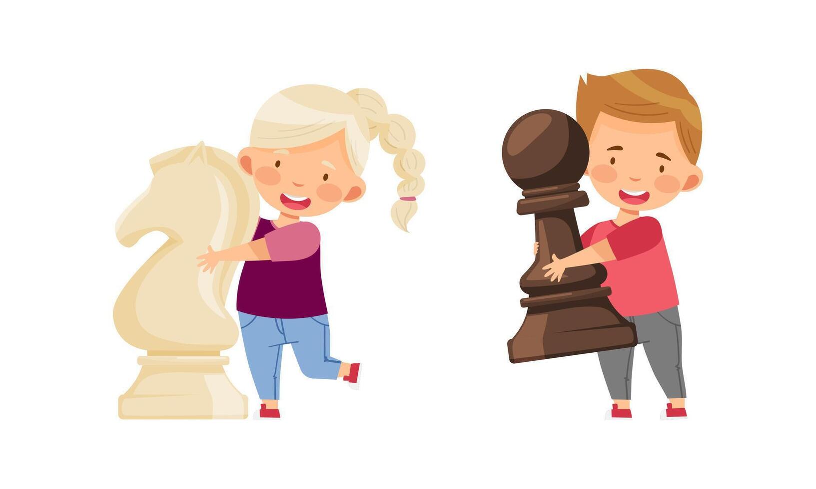 Boy and girl holding big chess pieces. Kids playing chess logic game cartoon illustration vector