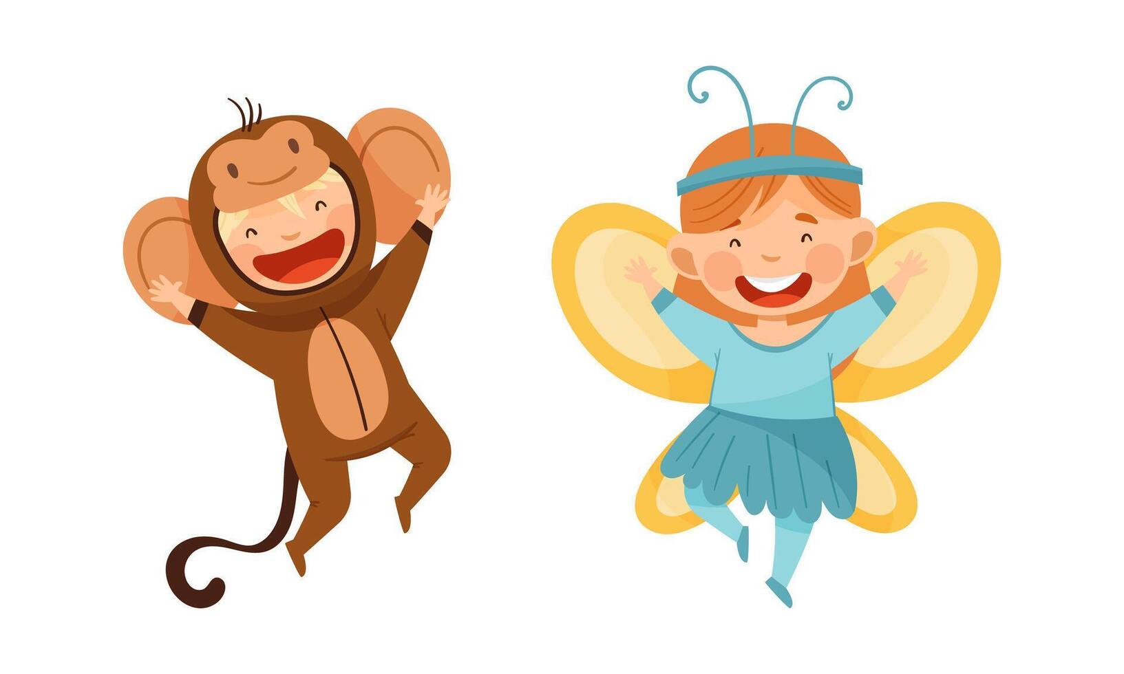Happy kids animal in costumes set. Adorable children wearing as monkey and butterfly cartoon illustration vector