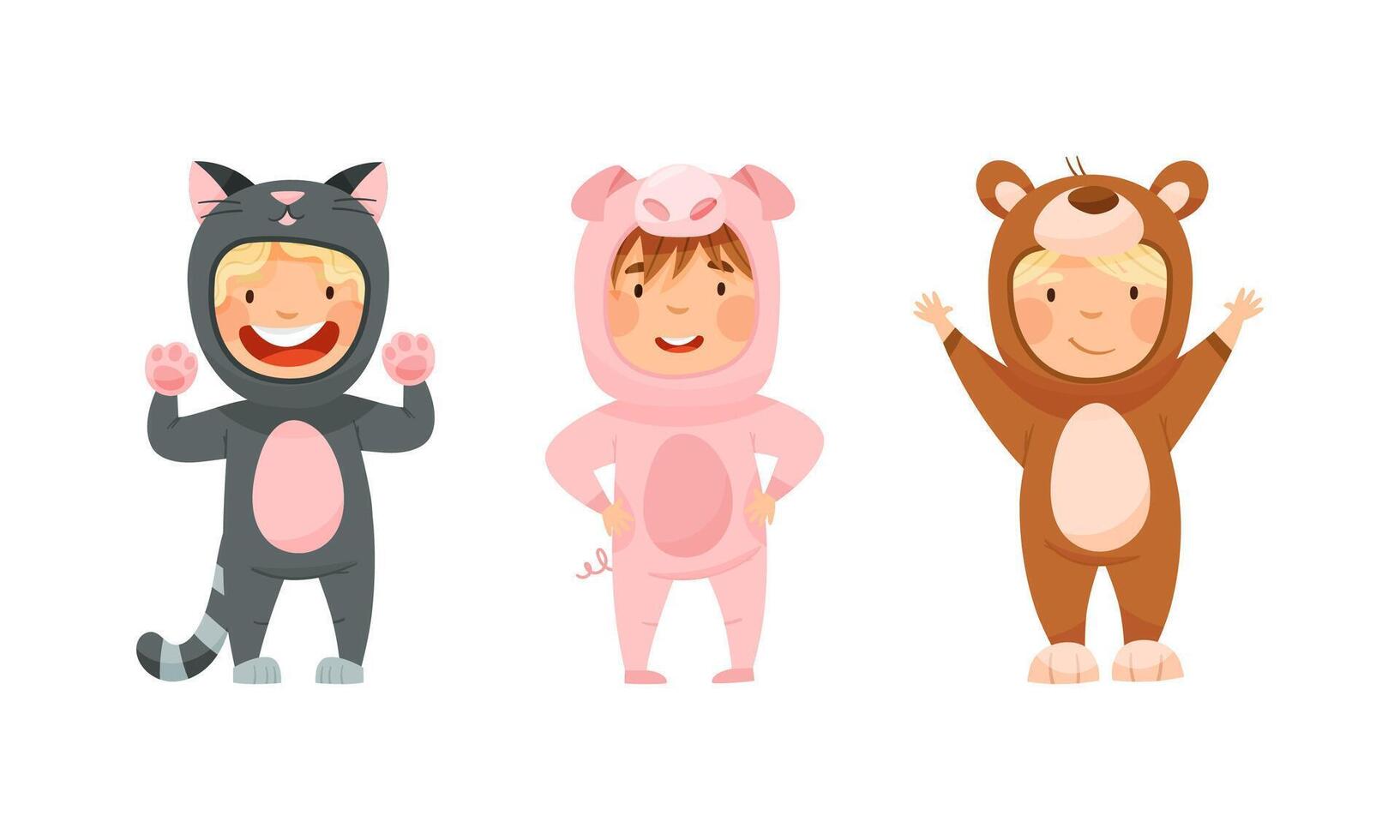 Happy kids animal in costumes set. Adorable children wearing as cat, pig and bear cartoon illustration vector
