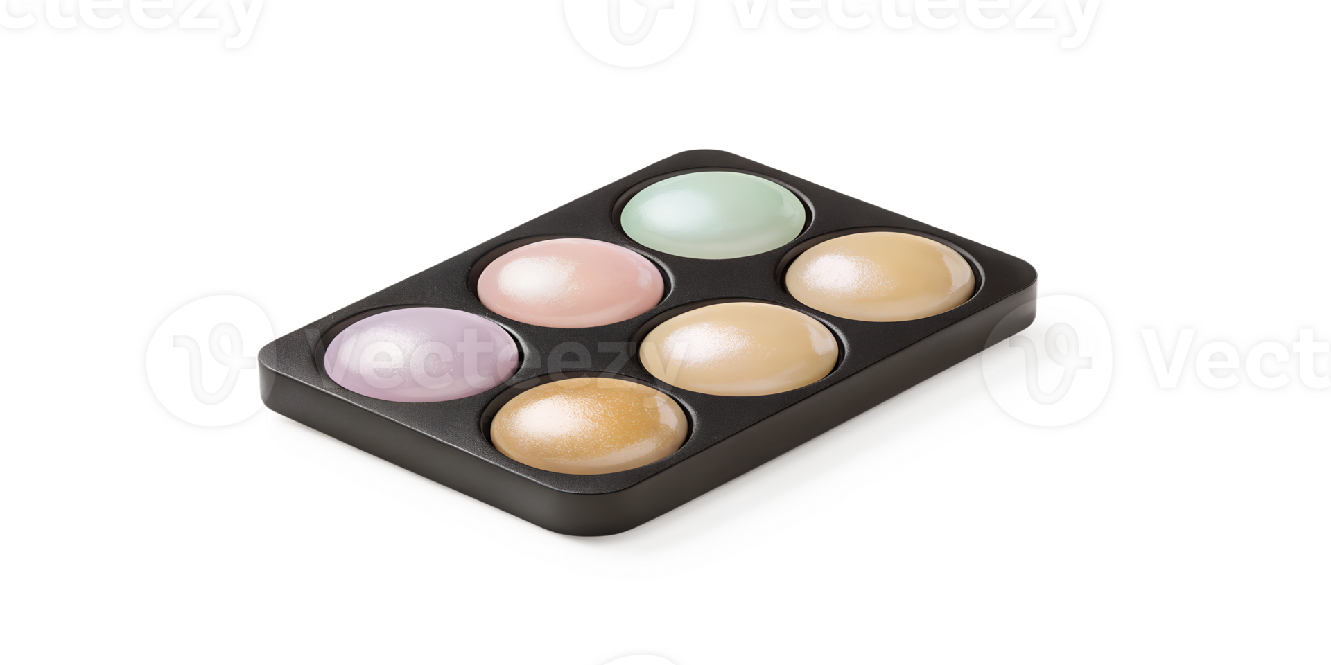 A black cosmetic palette with six round pastel shades isolated on transparent background, perfect for makeup artists and beauty enthusiasts png