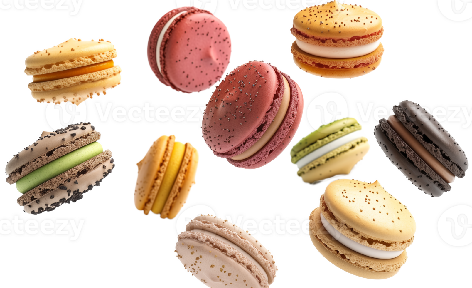 floating macarons on a transparent background png