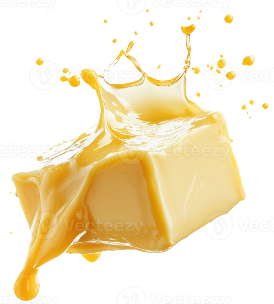 Creamy butter splash captured in motion, showcasing vibrant yellow color against transparent background, evoking sense of freshness and indulgence. Isolated on transparent background png