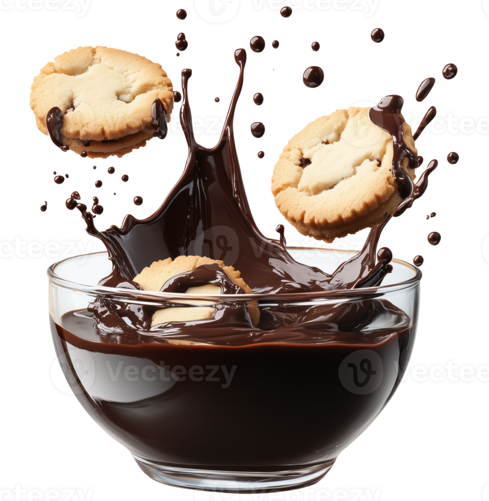 Delicious butter cookies floating above bowl of rich melted chocolate, creating delightful splash. tempting treat for chocolate lovers Isolated on transparent background png