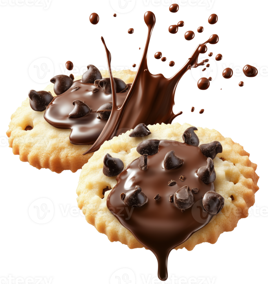 Delicious butter cookies topped with rich melted chocolate and chocolate chips, creating delightful splash effect, perfect for dessert lovers. Isolated on transparent background png