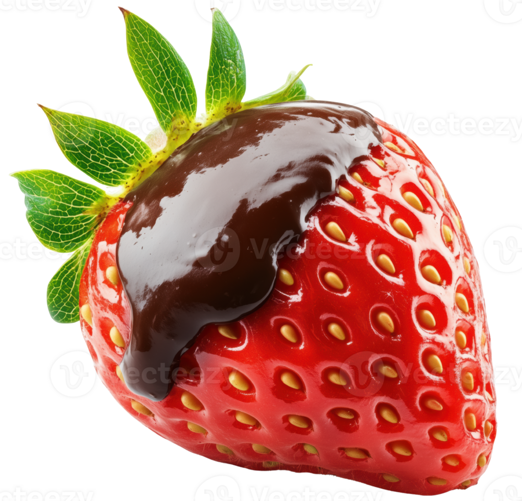 Rich, juicy strawberry dipped in smooth melted chocolate, creating delightful treat that is both sweet and indulgent. Isolated on transparent background png