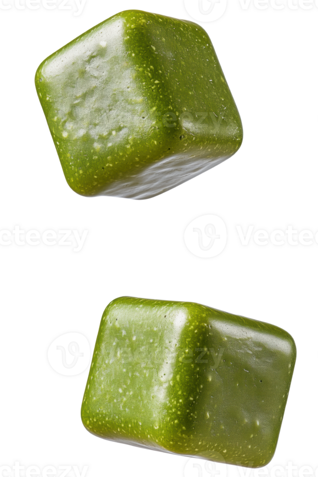 Fresh green herbal cubes, vibrant and glossy, floating against clean background, evoke sense of health and vitality. Isolated on transparent background png