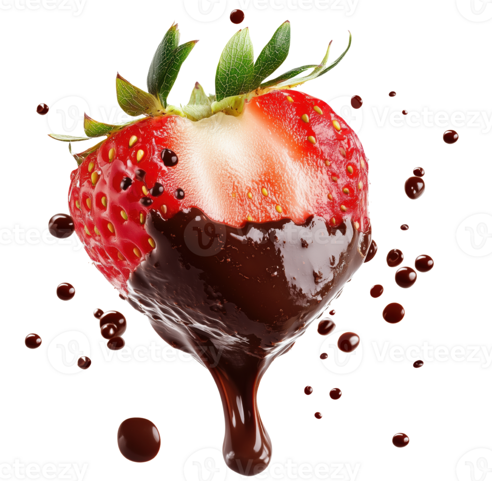 Strawberry dipped in rich melted chocolate, creating delicious and tempting treat, with chocolate dripping and splashes around it. Isolated on transparent background png