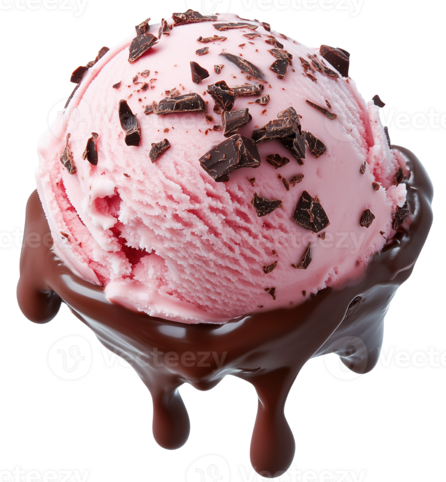 Delicious strawberry ice cream topped with rich chocolate shavings and drizzled with melted chocolate, creating delightful dessert experience. Isolated on transparent background png