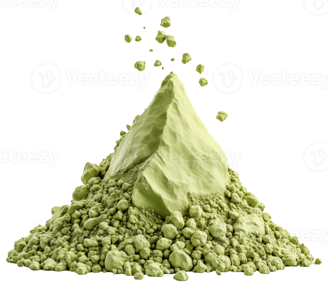 Green powdery substance forms mountain like structure, showcasing textured surface with small rocks and particles scattered around, evoking sense of natural Isolated on transparent background png