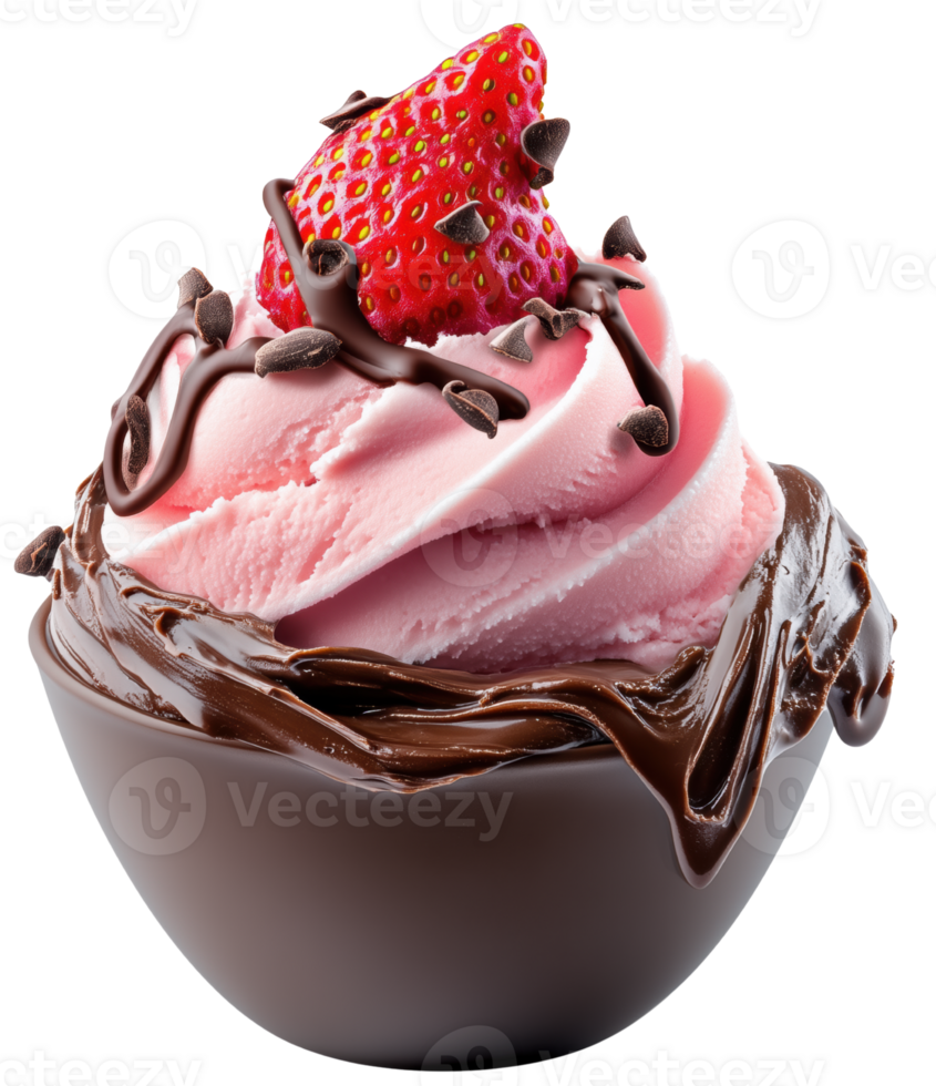 Delicious strawberry ice cream topped with rich chocolate sauce and fresh strawberry, creating delightful dessert experience. Isolated on transparent background png