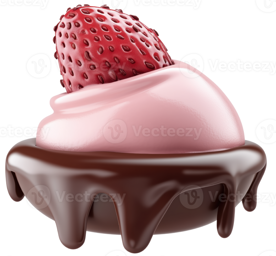 Delicious strawberry ice cream topped with fresh strawberry, served in chocolate coated bowl, creating delightful dessert experience. Isolated on transparent background png